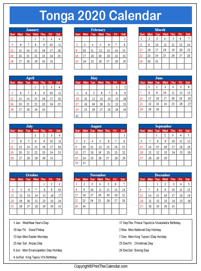 Tonga Printable Calendar 2020
